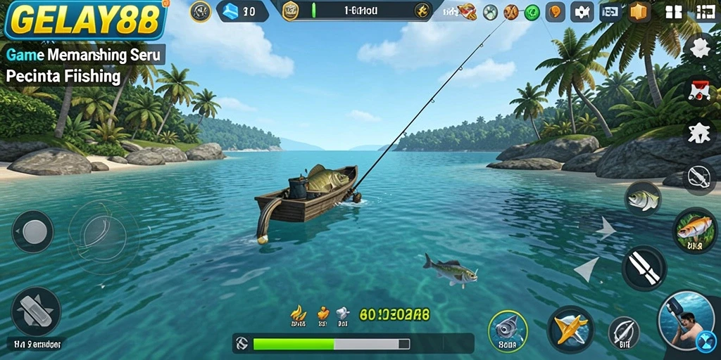 Screenshot permainan menunjukkan momen menangkap ikan besar di danau.
