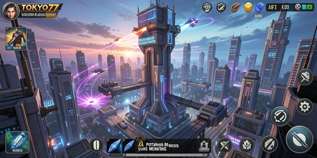 Gameplay TOKYO77 menampilkan menara pertahanan melawan gelombang musuh yang menegangkan.